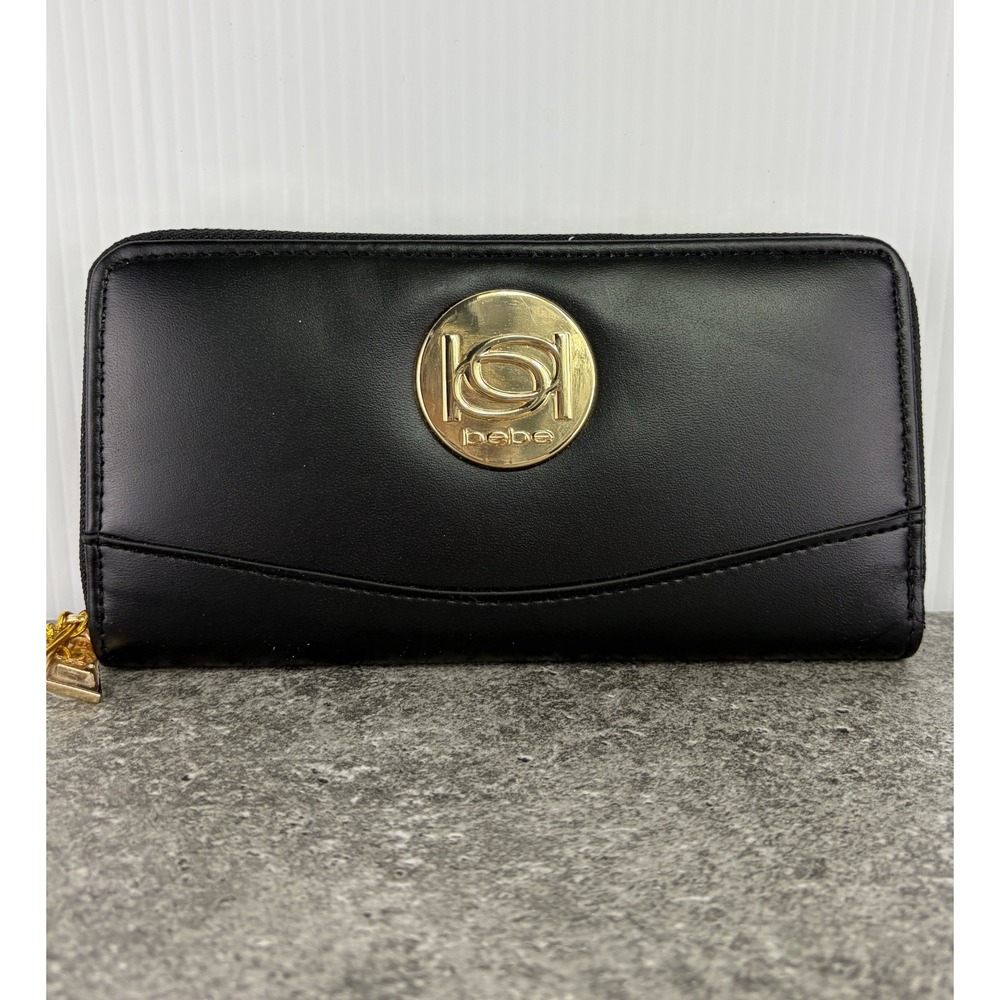 Bebe Melendy Zip Around Wallet Black Gold Logo Medallion Women's Luxury Chic New